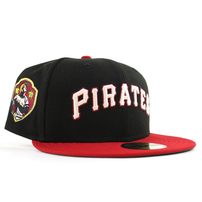 Pittsburgh Pirates ROBERTO CLEMENTE 21 Patch New Era 59Fifty Fitted Hat (Black Scarlet Red Green Under Brim)