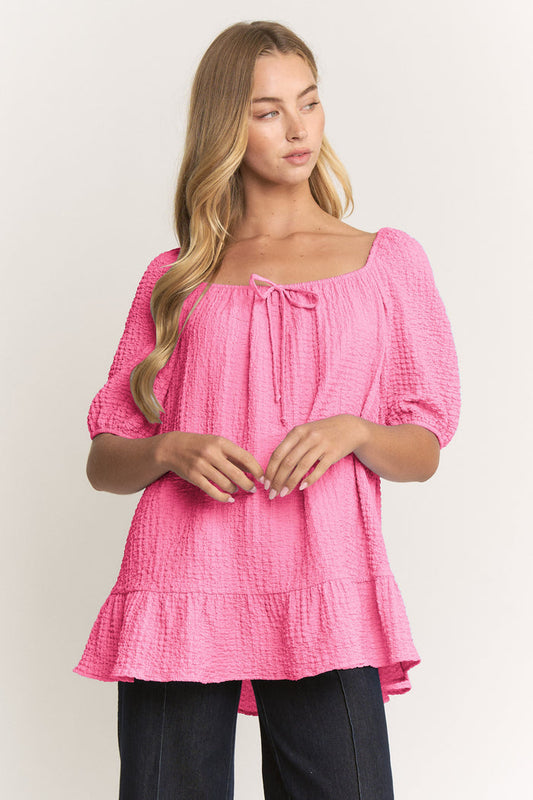 Pretty in Pink Puff Sleeve Square Neck Textured Knitted Top