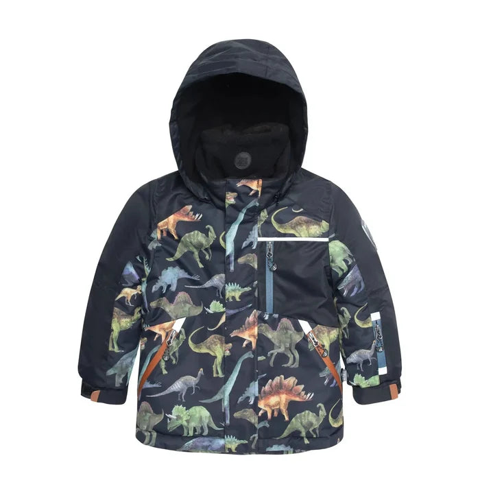 Deux par Deux boys dinosaur print winter jacket in Black with detachable hood and zip front.