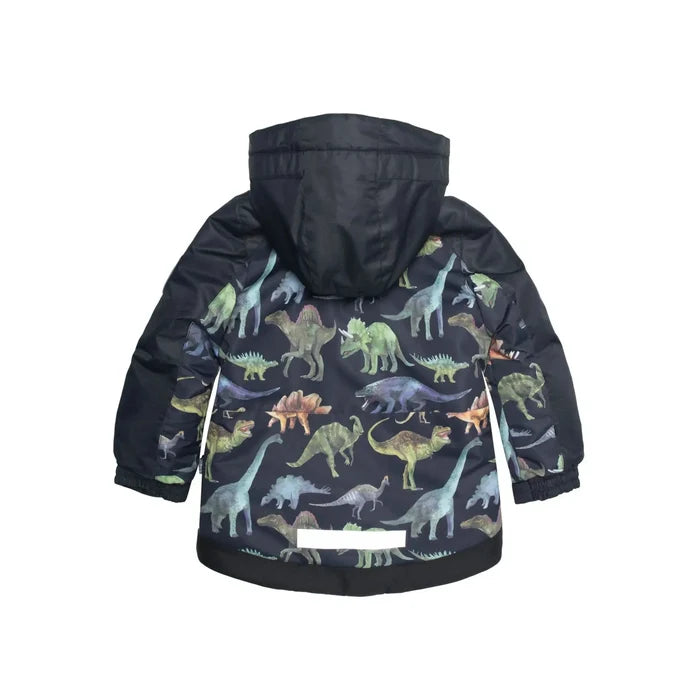 Back view of Deux par Deux boys dinosaur print winter jacket with hood and fleece lining.