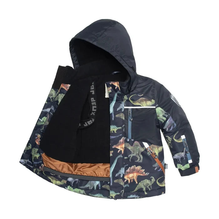 Interior view of Deux par Deux boys dinosaur snowsuit jacket with fleece lining and technical winter features.