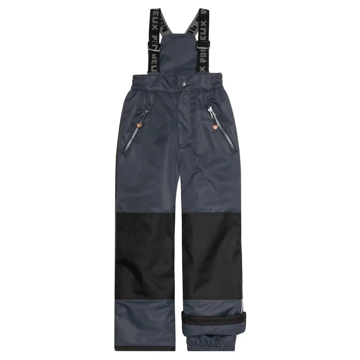 Deux par Deux boys dark snow pants with removable adjustable straps and insulated winter design.