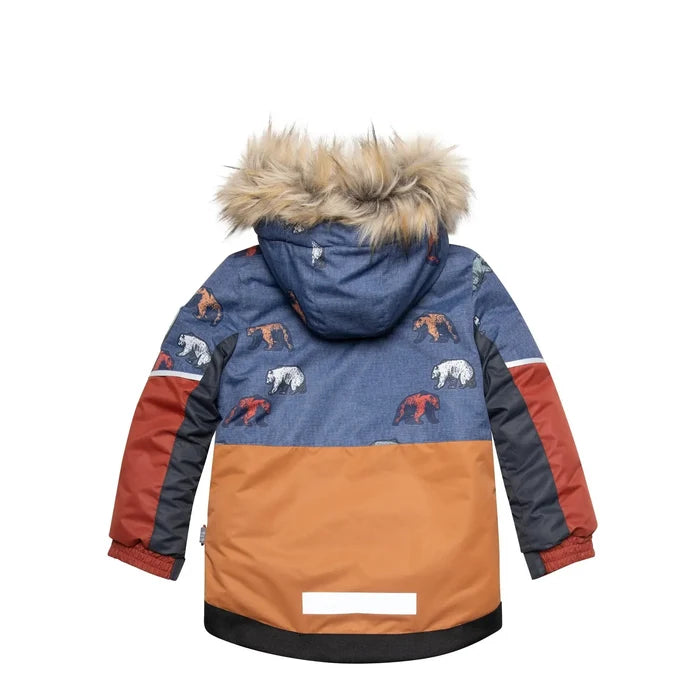 Deux par Deux boys printed grizzly winter jacket in Navy Blue, Brown, and Dark Grey.