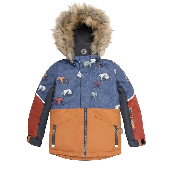 Back view of Deux par Deux boys grizzly print jacket with detachable hood and fur trim.
