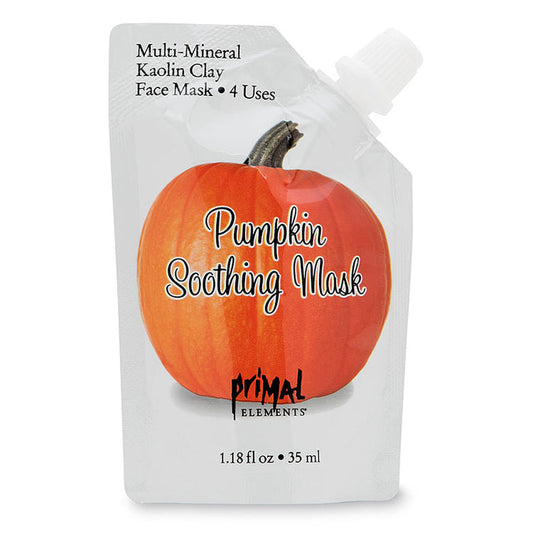 Pumpkin Soothing Face Mask | Primal Elements in a small squeeze pouch featuring multi-mineral kaolin clay for gentle skincare and four uses.