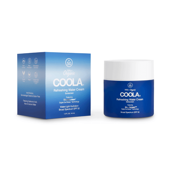 COOLA Refreshing Water Cream Organic Face Sunscreen SPF 50 in a blue jar with white lid alongside its matching box, featuring hydration and broad spectrum sun protection for skincare.