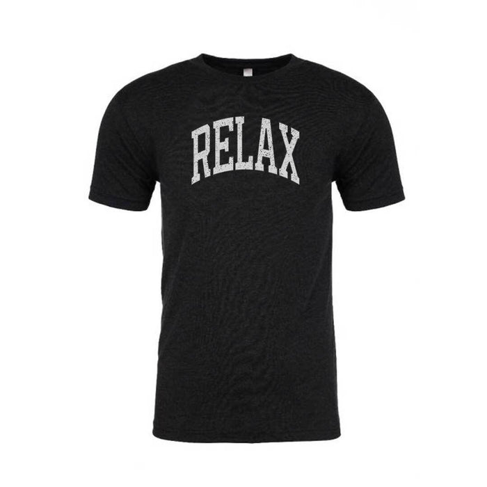 Black unisex t-shirt with a collegiate-style "RELAX" print on the front, soft fabric for comfortable casual wear, part of the RELAX Collegiate Unisex T-Shirt | Lucky Owl collection.