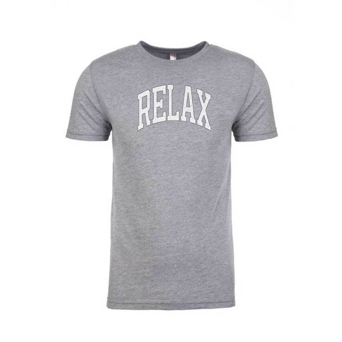 Gray short-sleeve casual tee with "RELAX" printed in collegiate style on the front, featured as the RELAX Collegiate Unisex T-Shirt | Lucky Owl.