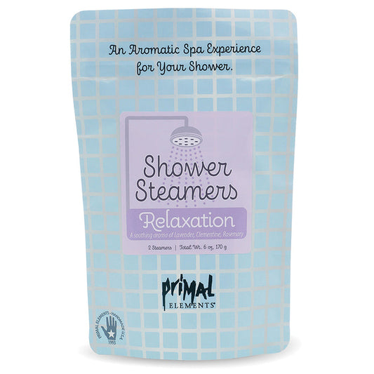 Package of Relaxation Shower Steamer | Primal Elements in light blue with lavender scent, promoting an aromatic spa experience for shower skincare and wellness.