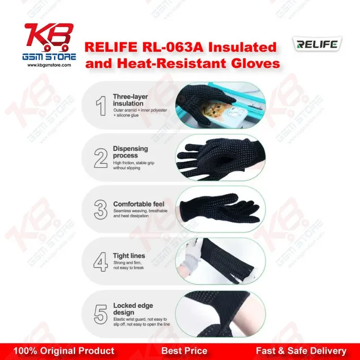 RELIFE RL-063A Insulated Heat-Resistant Repair Gloves – Anti-Slip Aramid Safety Gloves for Mobile Repair Technicians