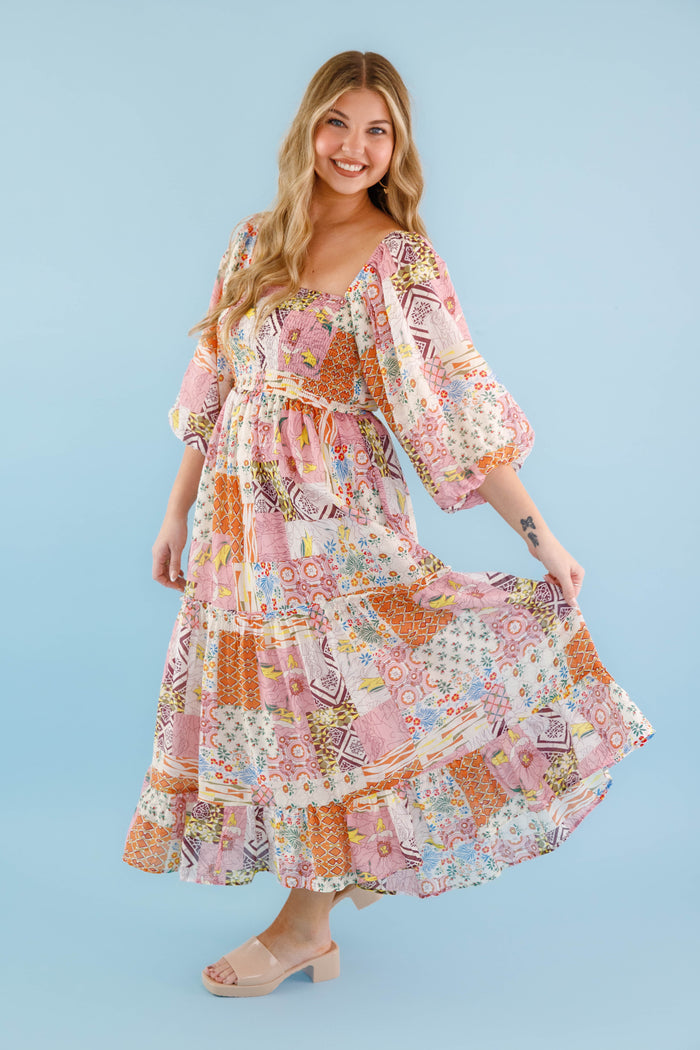 Patchwork Print Maxi Dress- Colorful Print Maxi for Women- Flattering Print Long Dress
