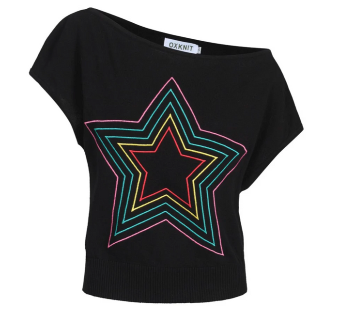 Retro Star Knitted Plaid Shoulder-Sleeved T-shirt Black/Star