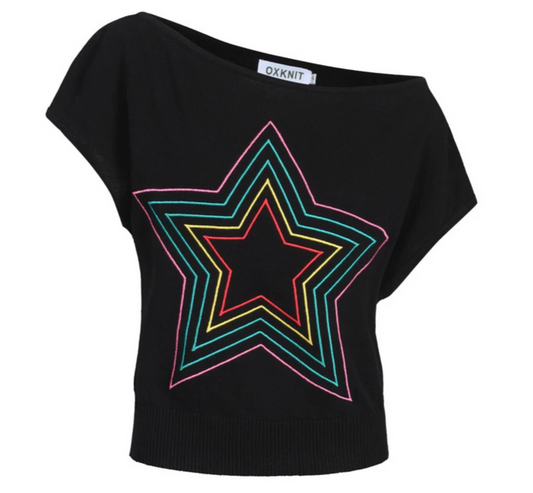 Retro Star Knitted Plaid Shoulder-Sleeved T-shirt Black/Star