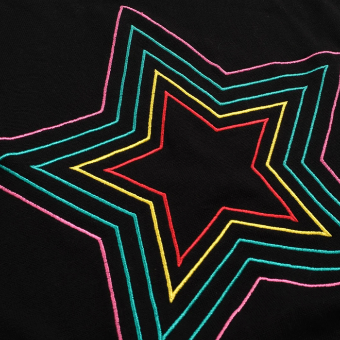 Retro Star Knitted Plaid Shoulder-Sleeved T-shirt Black/Star