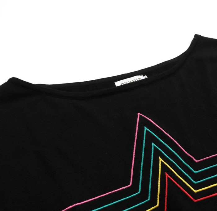 Retro Star Knitted Plaid Shoulder-Sleeved T-shirt Black/Star