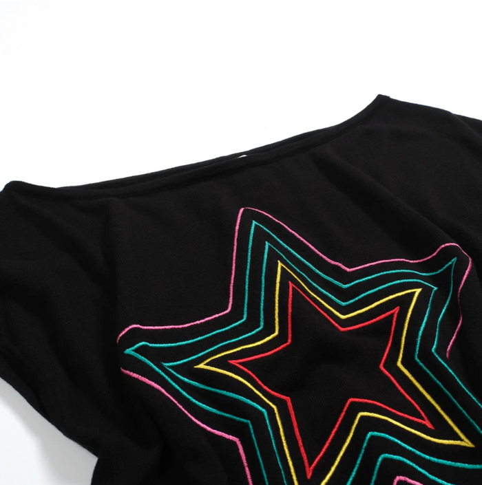 Retro Star Knitted Plaid Shoulder-Sleeved T-shirt Black/Star