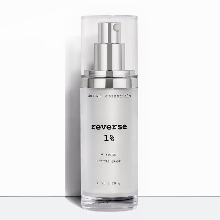 Full size 1 oz. Silver plastic cylinder bottle black letters silver plastic pump clear plastic lid. Best anti-aging  1% retinol and Vitamin C face serum. Dermal Essentials Medical Grade Skincare. A mini size is 5 ml of this anti-aging retinol Vitamin C face skincare product  in a white plastic pump bottle with black letters and clear plastic lid.