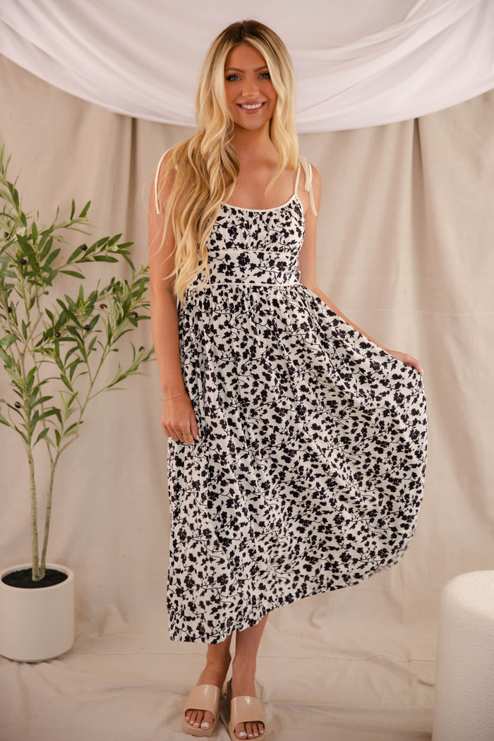 Black and White Floral Midi Dress- Women's Floral Midi Dress- TCEC Dress