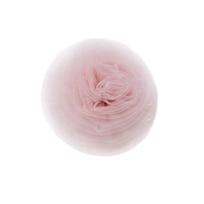 Rosa pink tulle flower hair clip featuring a soft layered blush tulle rosette, elegant girls hair accessory