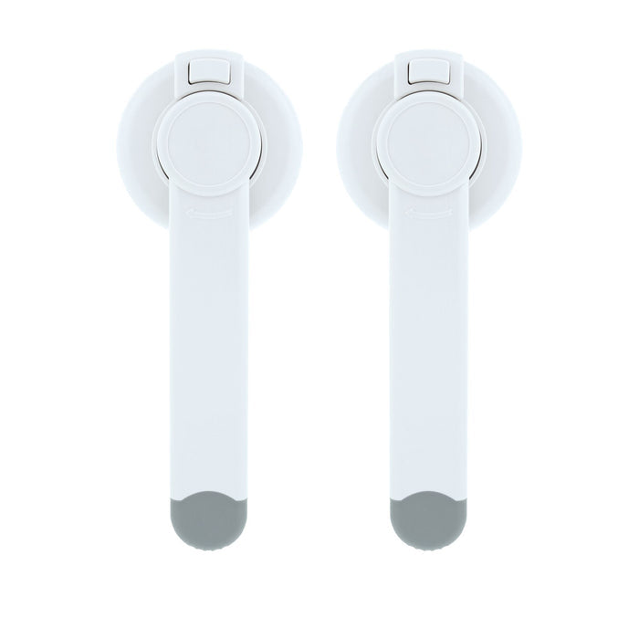 The Nuby Safety Toilet Lid Lock 2 Pack features two identical child safety locks with gray tips, shown vertically side by side on a plain white background, ideal for cabinets, drawers, or toilet childproofing.