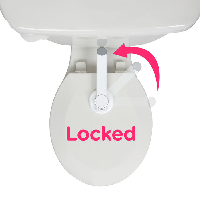 The Nuby Safety Toilet Lid Lock (2 Pack) features a white childproof seat with a locking mechanism and a pink arrow showing how to operate the lock. "Locked" is printed in pink for added child safety.