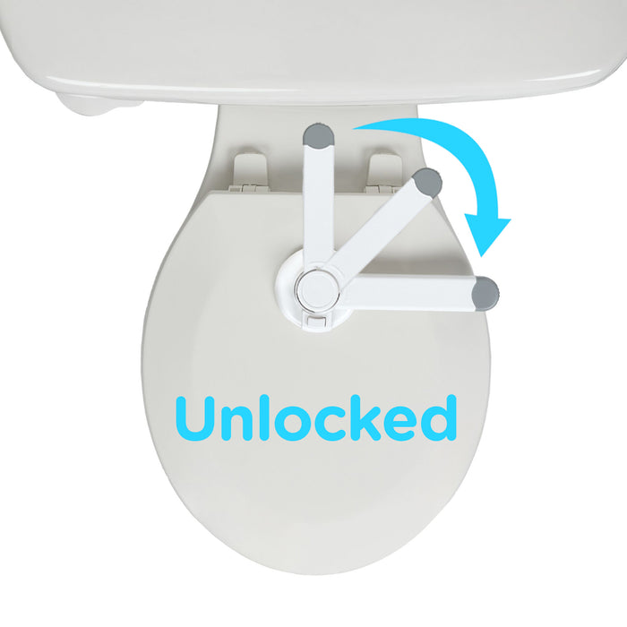 The Nuby Safety Toilet Lid Lock (2 Pack) is shown in white, installed on a toilet seat in the unlocked position, with an arrow and “Unlocked” in blue text highlighting its child safety feature.