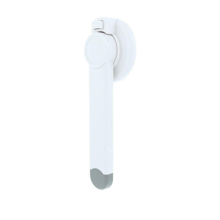 The Nuby Safety Toilet Lid Lock | 2 Pack is a white plastic child safety lock with a suction cup base and grey-tipped design, mounted vertically for secure installation on toilet lids.
