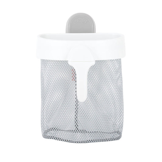 The Nuby Scoop Bath Toy Caddy is a white and gray mesh organizer with a wide opening, designed for easy drainage and convenient bath toy storage. It hangs easily from a suction cup hook.