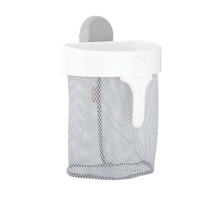 The Nuby Scoop Bath Toy Caddy is a gray and white mesh organizer with a hanging hook, ideal for keeping bath toys tidy in your bathroom or kitchen.