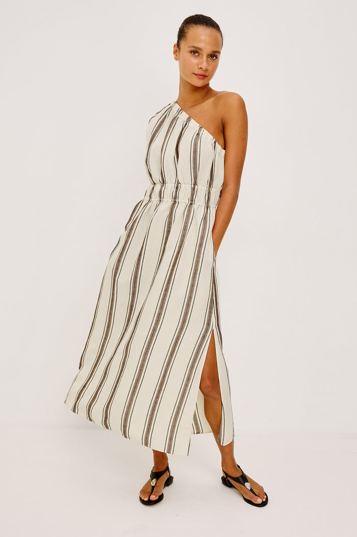 Selani Midi Dress in Cotton Poplin With One-Shoulder Neckline, Shirred Waistband, Concealed Side Pockets, and Side Slit in Sequoia Stripe Colorway - Full Body Front View Featured on Model