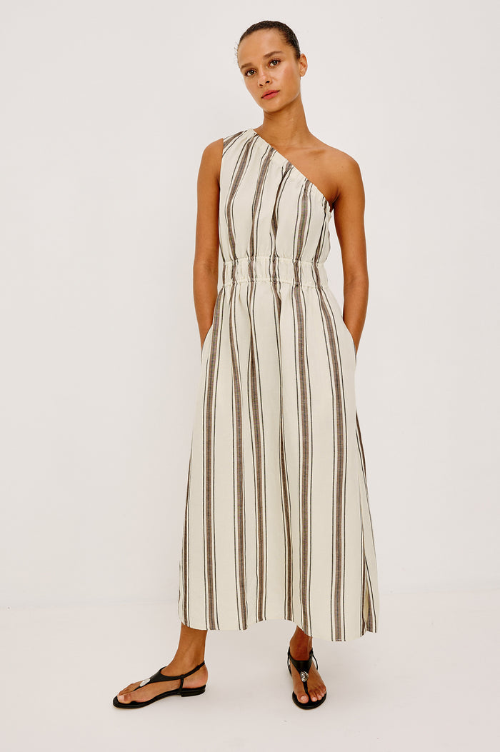 Selani Midi Dress in Cotton Poplin With One-Shoulder Neckline, Shirred Waistband, Concealed Side Pockets, and Side Slit in Sequoia Stripe Colorway - Full Body Front View Featured on Model