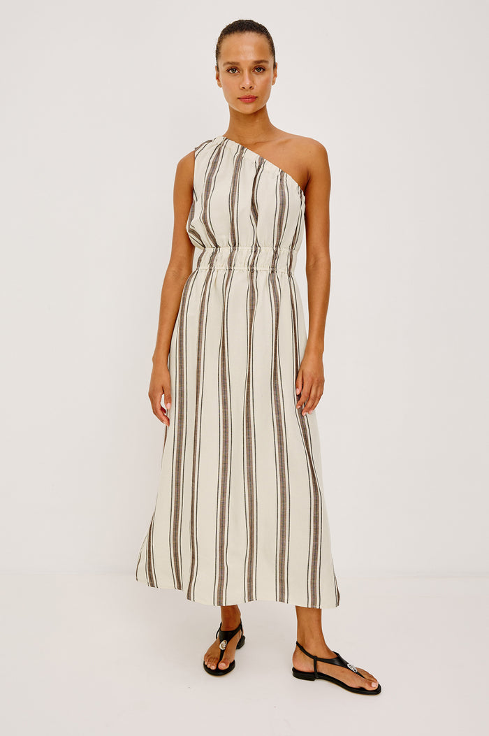Selani Midi Dress in Cotton Poplin With One-Shoulder Neckline, Shirred Waistband, Concealed Side Pockets, and Side Slit in Sequoia Stripe Colorway - Full Body Front View Featured on Model