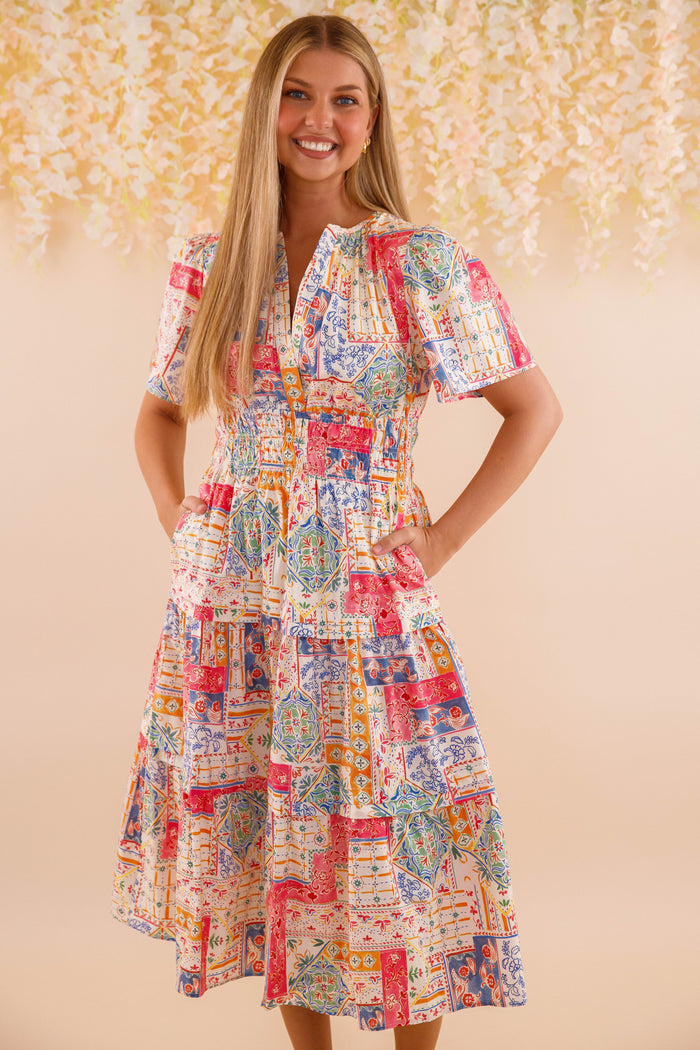 Patchwork Cotton Midi Dress- Women's Colorful Print Dress- Vacation Midi Dress