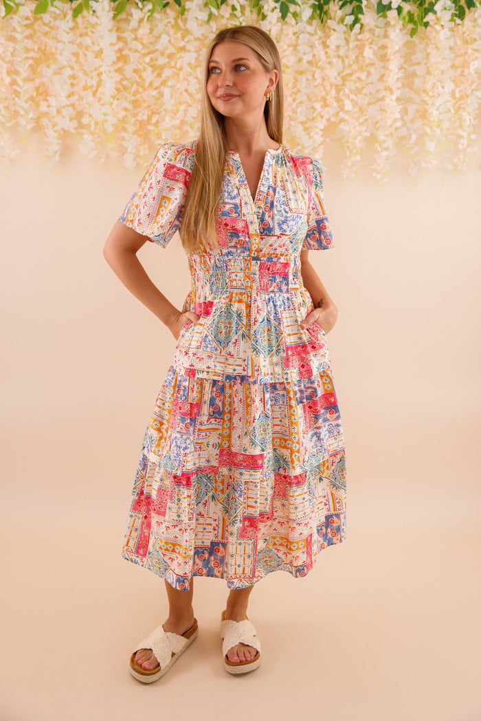 Patchwork Cotton Midi Dress- Women's Colorful Print Dress- Vacation Midi Dress