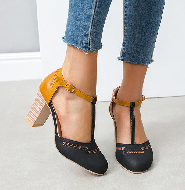 SH428 - Hollow T-Strap High Heel Buckle Shoes
