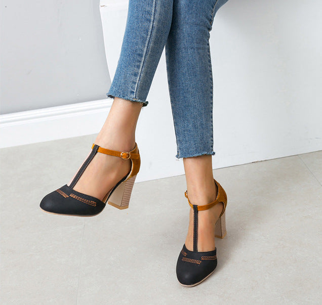 SH428 - Hollow T-Strap High Heel Buckle Shoes