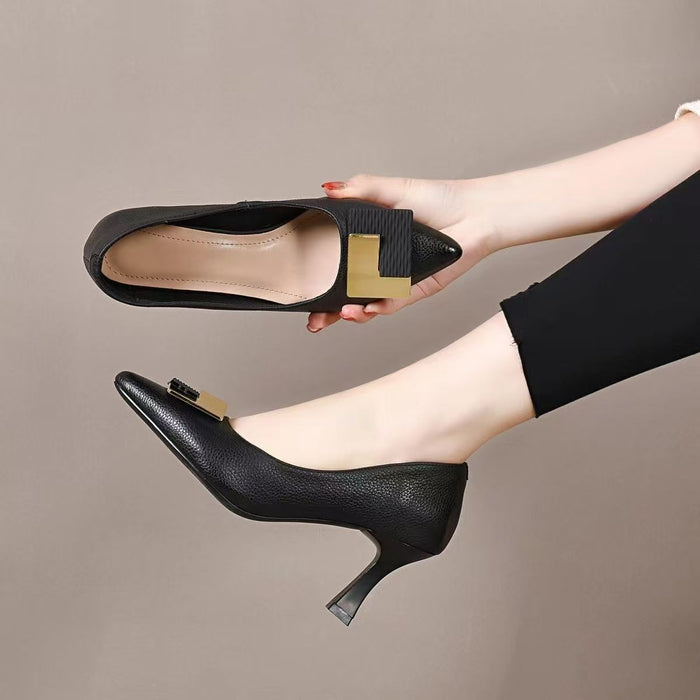 SH465 - Stiletto Black Buckle Pumps