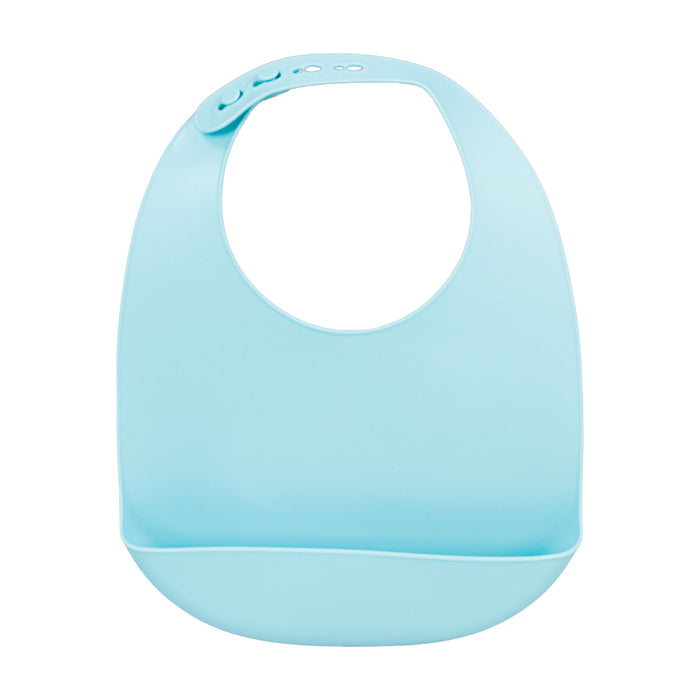 Introducing the Silicone Feeding Bib (3 Pack) in Aqua, Purple, and Pink—featuring a light blue waterproof design with an adjustable neck strap and a wide pocket at the bottom to catch food spills. Perfect as a crumb catcher bib, it helps keep mealtimes tidy and stress-free.