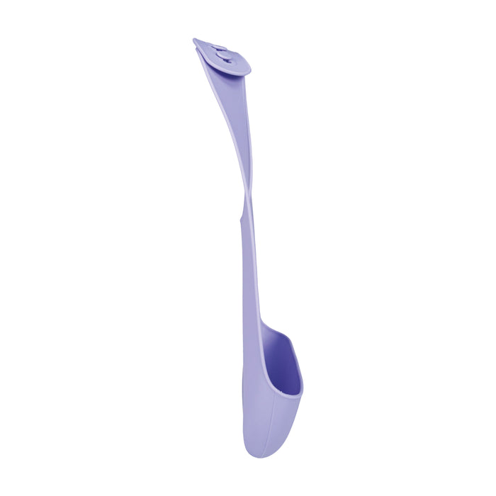 A lavender-colored plastic ladle with a hook on the handle stands upright on a white background—an ideal companion for the Silicone Feeding Bib (3 Pack) in Aqua, Purple, and Pink for hassle-free mealtime.