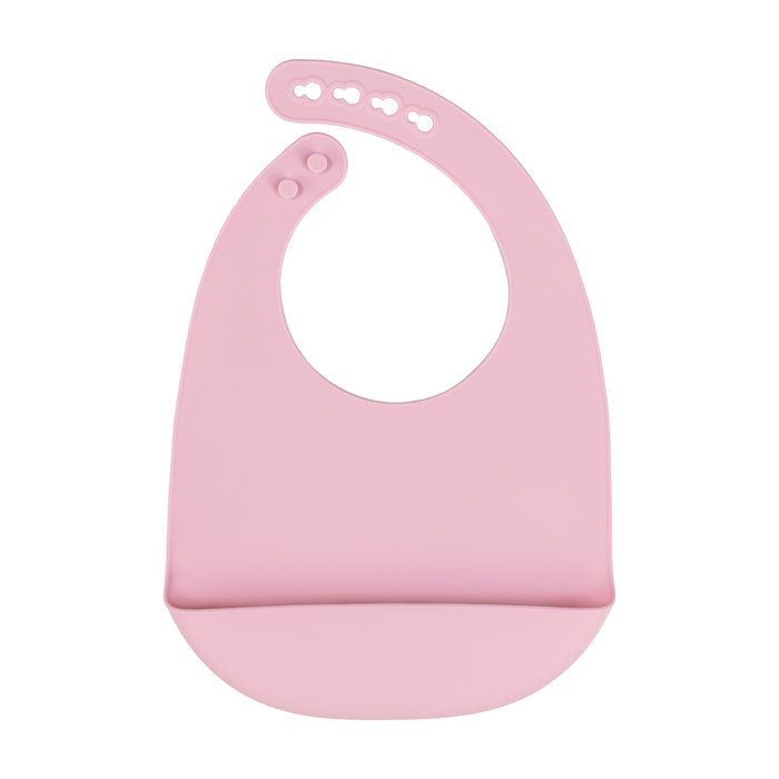 An aqua, purple, and pink set of Silicone Feeding Bibs (3 Pack), each featuring an adjustable neck strap and a crumb-catching pocket at the bottom, displayed on a white background.
