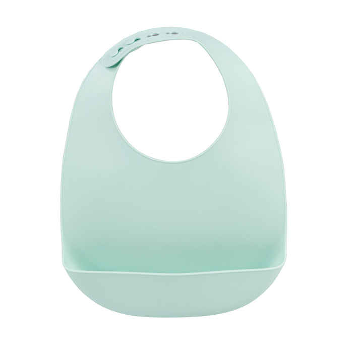 A light blue Silicone Feeding Bib from the 3 Pack (Yellow/Green/Blue), made of waterproof silicone and featuring an adjustable neck strap as well as a wide bottom pocket that serves as a convenient crumb catcher.