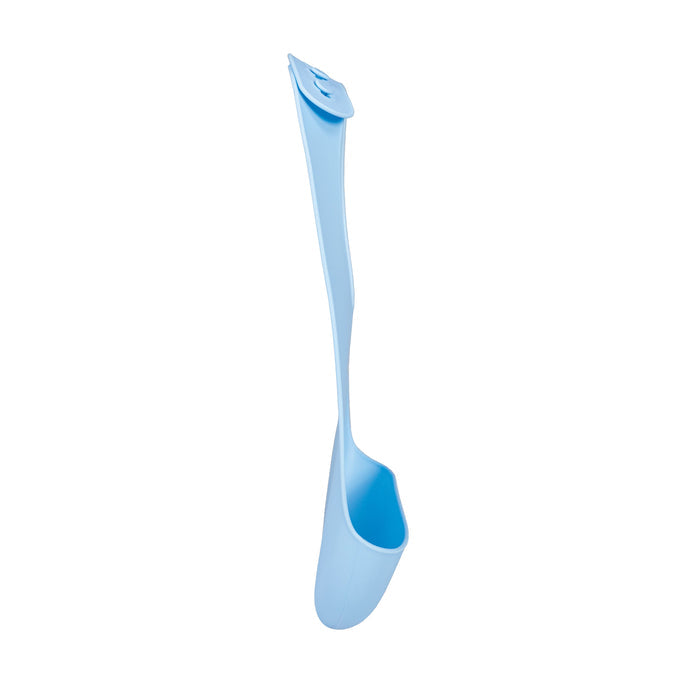 A light blue silicone scoop with a long handle and a hole at the top, reflecting the practical design of the Silicone Feeding Bib (3 Pack) in Yellow/Green/Blue, shown isolated on a white background.