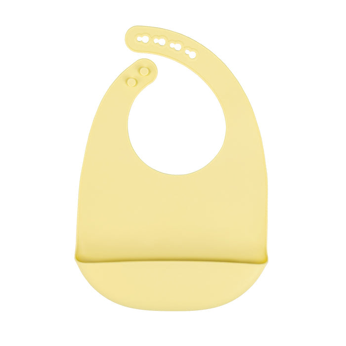 A yellow Silicone Feeding Bib from the 3 Pack (Yellow/Green/Blue) set is displayed flat on a white background. This waterproof baby bib features an adjustable neck strap and a deep bottom pocket that serves as a crumb catcher.