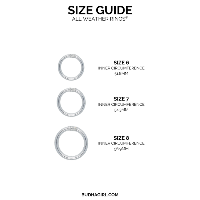 Size guide for Silver All Weather Rings (Set of 3) showing sizes 6, 7, and 8 with inner circumferences.