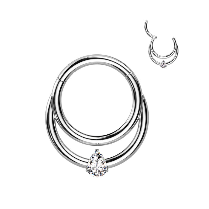 Silver Titanium Double Lined Tear Drop Hinged Ring 8mm / F-136 Titanium / Silver