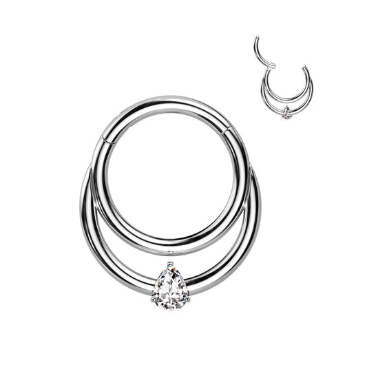 Silver Titanium Double Lined Tear Drop Hinged Ring 8mm / F-136 Titanium / Silver