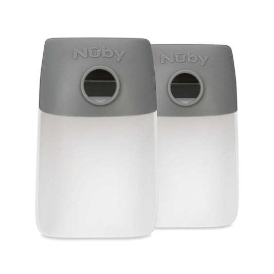 The Nuby Sink Faucet Extender (2 Pack) in translucent white with gray lids is perfect for organizing kids’ bathroom essentials and encourages hand washing. Designed to sit side by side, they pair well with other Nuby bath products.