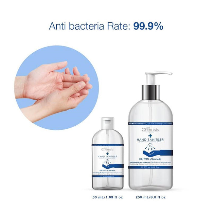 SkinChemists London hand sanitizer bottles, 250ml and 50ml high-strength, made in UK, with clear labels and caps.