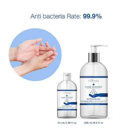 SkinChemists London hand sanitizer bottles, 250ml and 50ml high-strength, made in UK, with clear labels and caps.