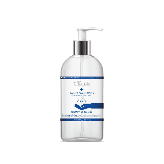 SkinChemists London hand sanitizer bottles, 250ml and 50ml high-strength, made in the UK, with clear labels and sanitizer gel inside.
